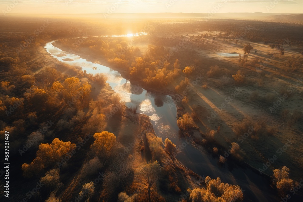 Poster an aerial view of a river surrounded by trees and a forest with yellow leaves on the trees and the s