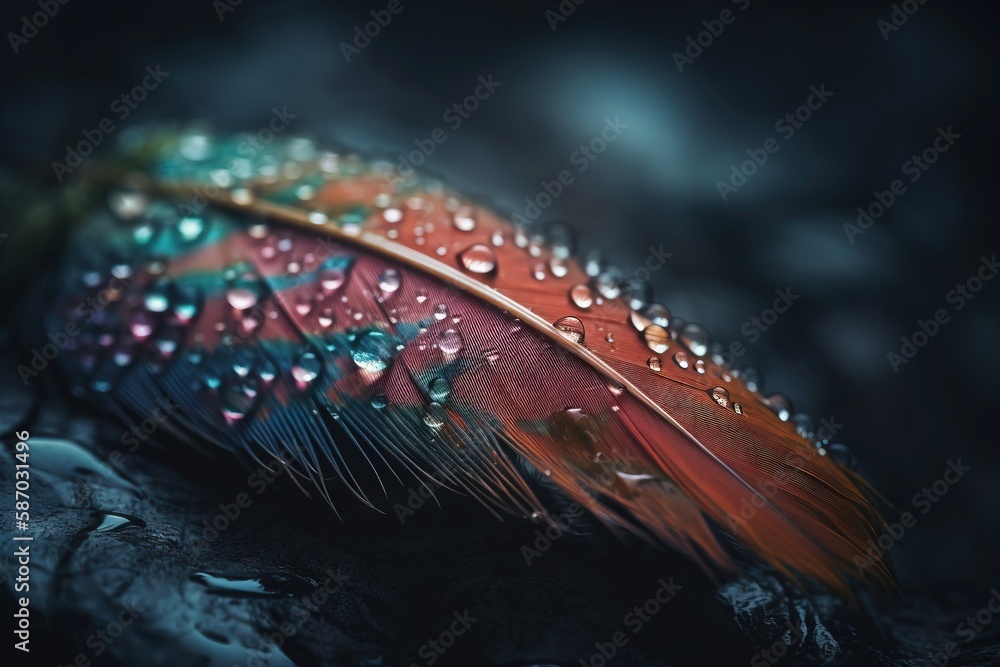 Poster  a feather with water droplets on it laying on a rock with drops of water on the feathers and the feathers of the feathers are red and blue.  generative ai