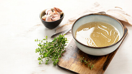 Broth in Bowl, healthy food, copy space