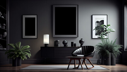 Modern living room interior composition with armchair, mock up poster frame, plant. AI Generated