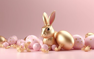 Naklejka na ściany i meble Hand colored pink and gold Easter eggs with cute golden bunny on light pink background Generative AI