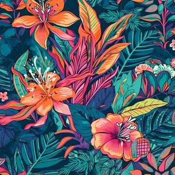 A modern and vibrant tropical floral pattern. Generative AI