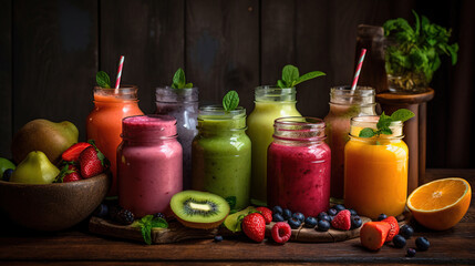 Fototapeta na wymiar Row of healthy fresh fruit and vegetable smoothies with assorted ingredients served in glass bottles with straws isolated on white. Generative Ai