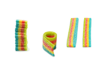 Assorted colorful gummy candies. Top view. Jelly donuts. Jelly bears. Isolated on a white background.