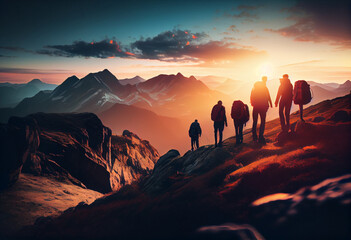 Fototapeta premium Happy human with backpacks are standing with raised arms and looking at mountains and sunset, AI Generated