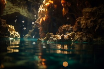Obraz premium Underwater caves and caverns, bokeh Generative AI