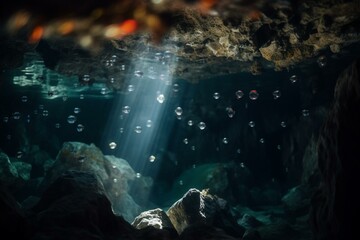 Obraz premium Underwater caves and caverns, bokeh Generative AI