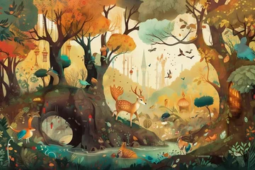 Papier Peint photo Marron profond Whimsical illustration of a magical forest, filled with vibrant colors and fantastical creatures. Generative AI
