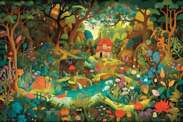 Fototapeta na wymiar Whimsical illustration of a magical forest, filled with vibrant colors and fantastical creatures. Generative AI