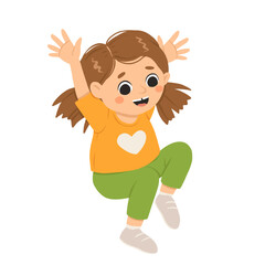 Cartoon happy girl jumping and smiling. Cute vector illustration isolated on white background.