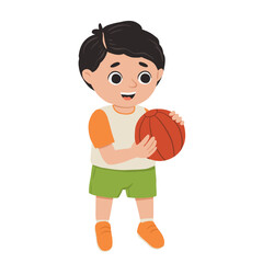 Cartoon happy boy standing with ball and smiling. Cute vector illustration isolated on white background.