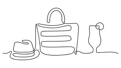 Continuous line drawing of summer concept, hat, bag, and cocktail on the beach in one line style. Vector illustration