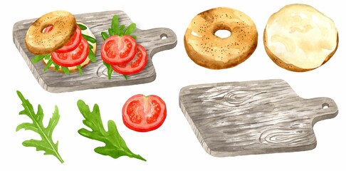 Set watercolor bagel, sandwich with, tomatoes and herbs on cutting board. Delicious breakfast. Isolated object on white background