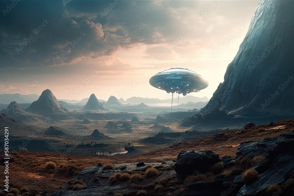 Poster sci-fi cityscape with a hovering spacecraft in the atmosphere. generative ai
