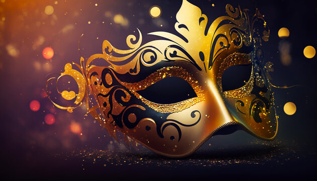 Venetian gold carnival mask and shiny glitter decoration. Mardi gras background. Generative AI
