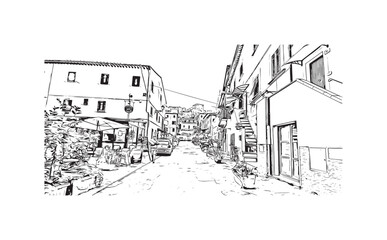 Building view with landmark of Porto ferraio is the town in Italy. Hand drawn sketch illustration in vector.