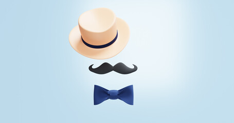 Father's day concept. Hat mustache bow tie. 3D rendering