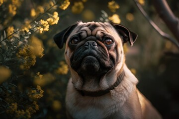 Obraz premium In the summer, a pug dog makes a funny face against a hazy tree. Generative AI
