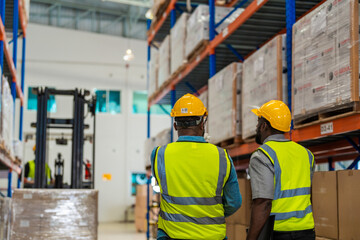 African workers holding folders for checking and inspecting on site warehouse area for shipping...