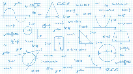 Background with mathematical formulas and graphs on the background of a sheet in a cage. Vector illustration