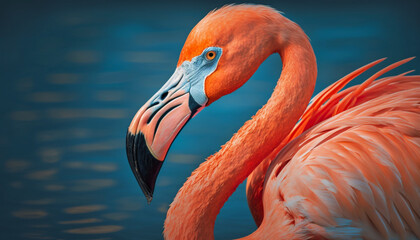 Pink flamingo close-up on blue water background. Generative AI