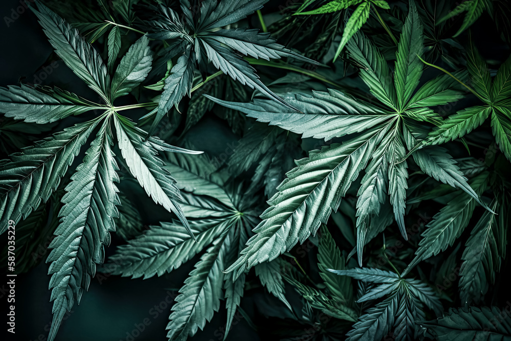 Aufkleber a mysterious and ethereal cannabis plant with its leaves illuminated in a soft green light was creat