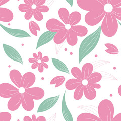 Fototapeta na wymiar Floral pattern on a white background, featuring a variety of spring pink flowers. Ideal for adding a touch of freshness to your design projects.