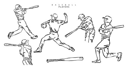 Baseball players sketch collection, hand drawing. Illustrations for sports designs, banners, flyers.