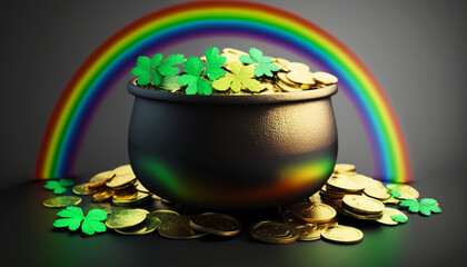 Pot of gold coins, clover leaves and rainbow. St. Patrick's day concept. Generative AI illustration