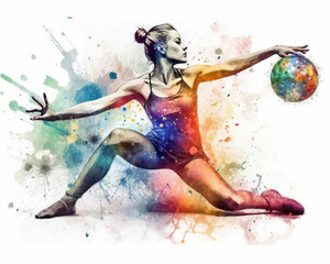 Watercolor abstract representation of rhythmic gymnastics. Rhythmic gymnastics player in action during colorful paint splash, isolated on white background. AI generated illustration. - obrazy, fototapety, plakaty
