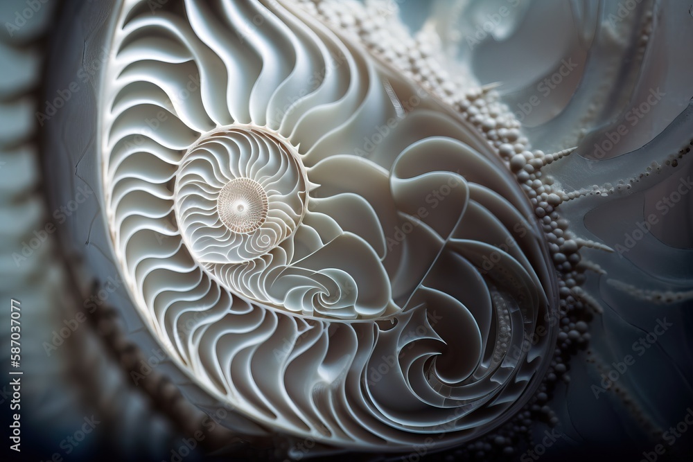 Poster a close up of a white object with a spiral design on it's side and a blue sky in the background with