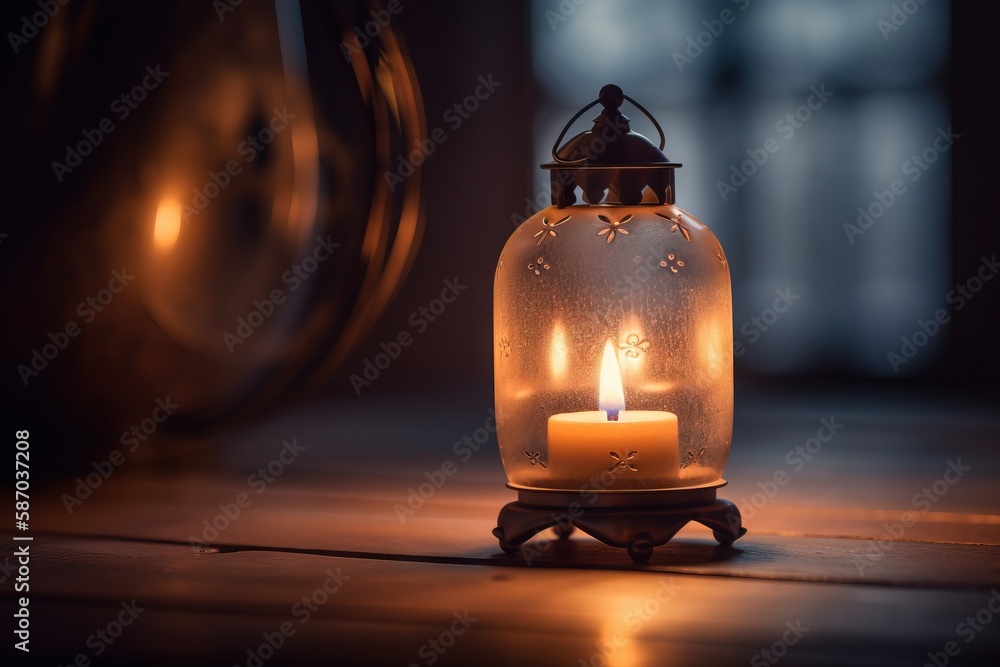 Aufkleber a lit candle is sitting on a wooden table with a clock in the backgrouf of the photo and a candle in
