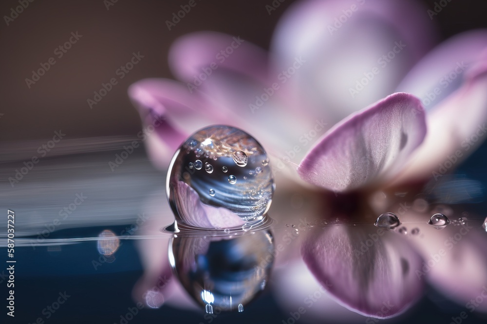 Poster a flower with water droplets on it sitting on a surface with a reflection of it in the water and a d