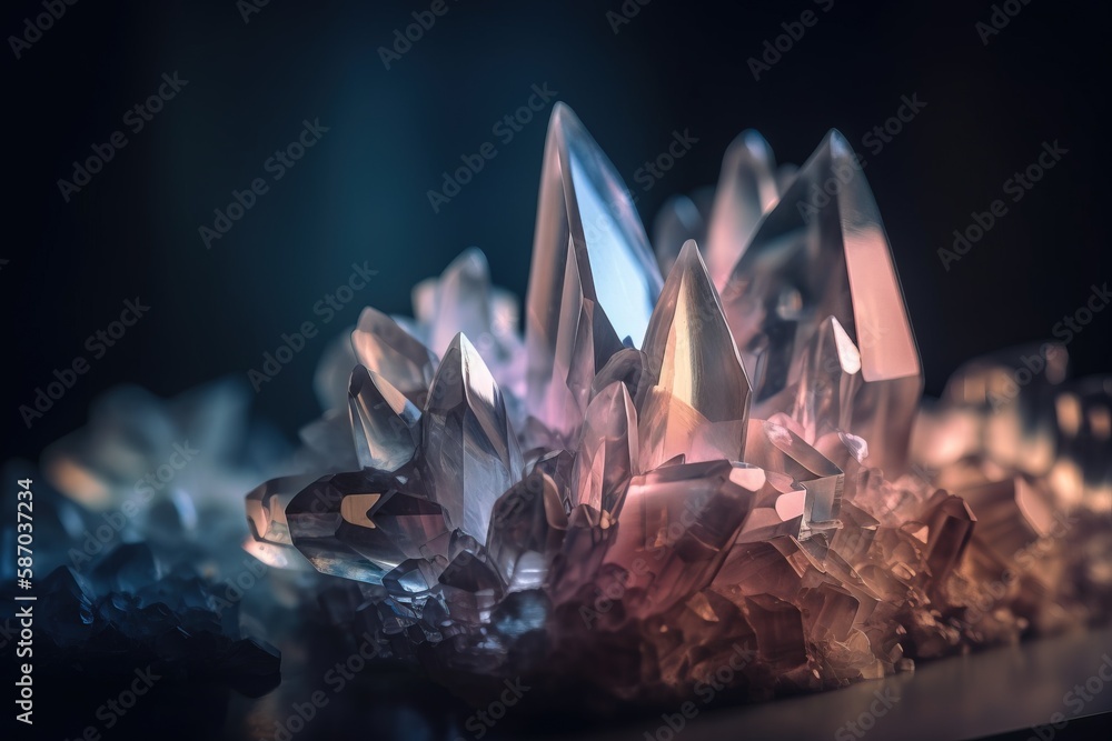 Poster a group of crystal rocks sitting on top of a table next to each other on a table top with a black ba