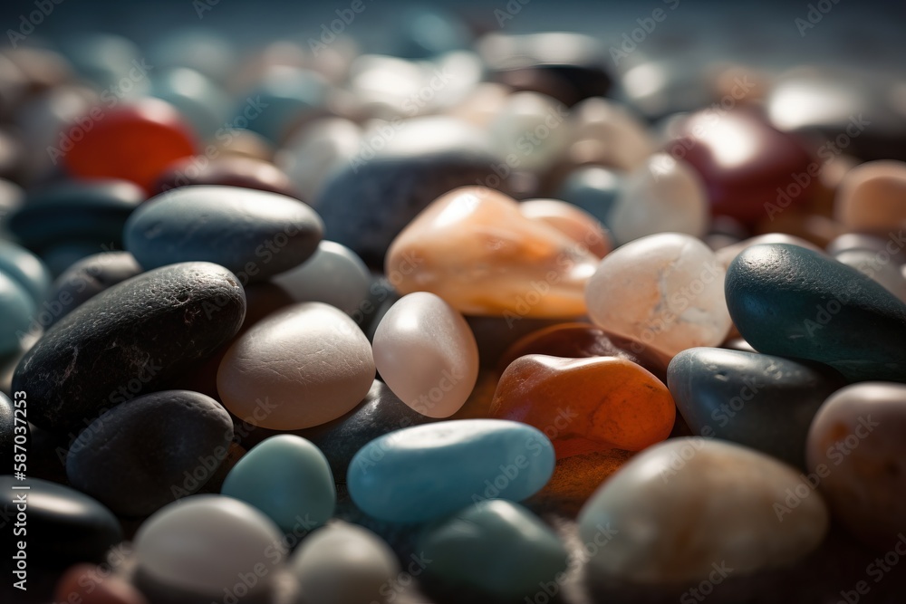 Poster a close up of a bunch of rocks on a table with a blurry image of rocks and pebbles in the middle of 