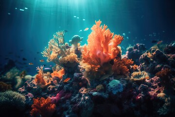 Naklejka na ściany i meble an underwater scene of a coral reef and seaweed with sunlight streaming through the water's surface, with sunlight streaming through the water's surface. generative ai