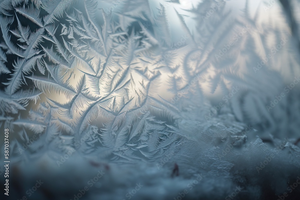 Poster a close up of a frosted window with a sky in the back ground and trees in the back ground behind the