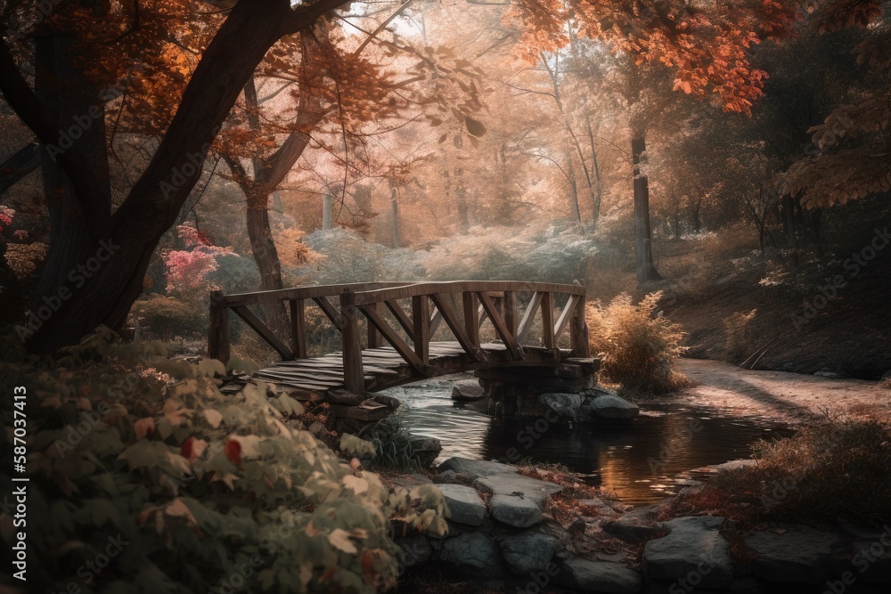 Poster a wooden bridge over a small stream in a forest filled with trees and rocks, with the sun shining th
