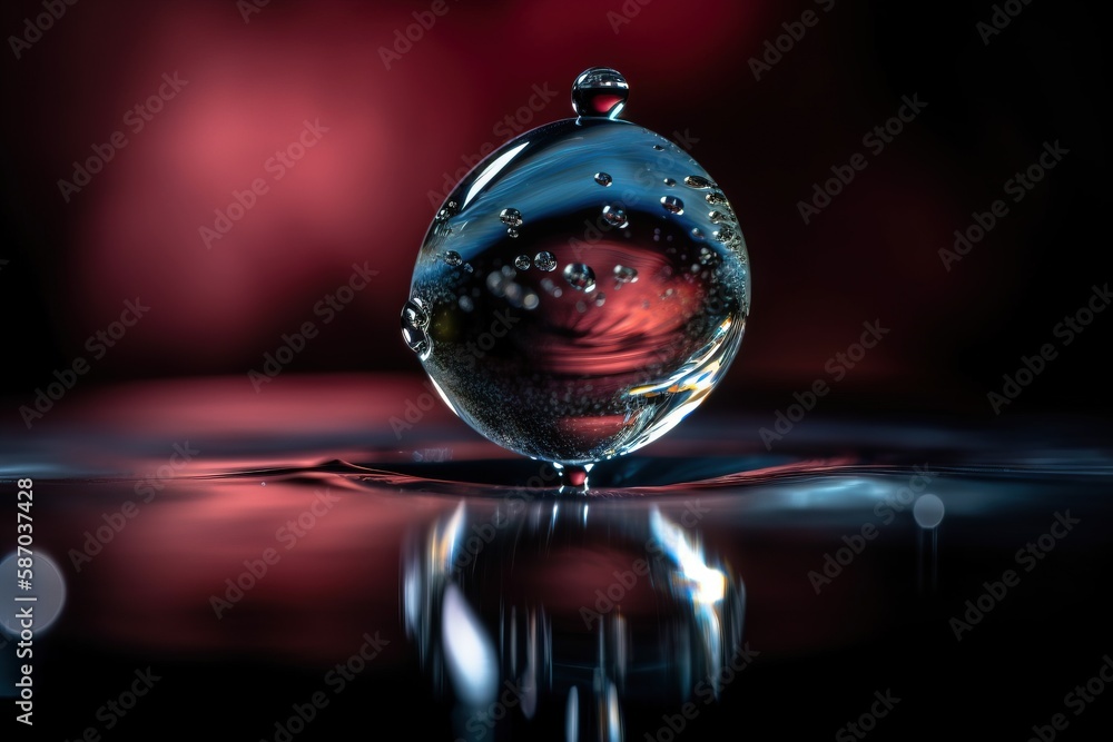 Poster a drop of water that is on the ground with a red background and a red light in the back ground and a