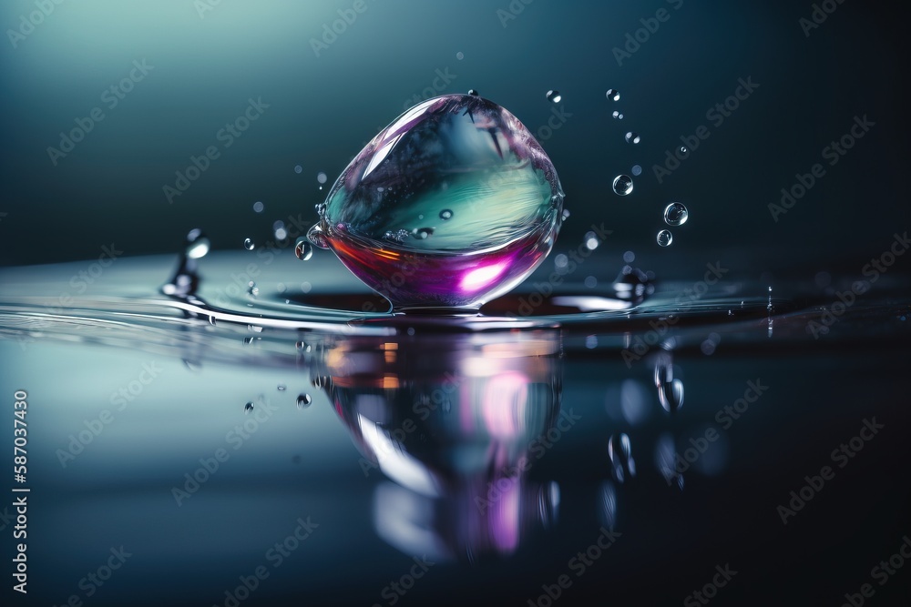 Poster a drop of water with a butterfly on it's back and a reflection of the water on the surface of the wa