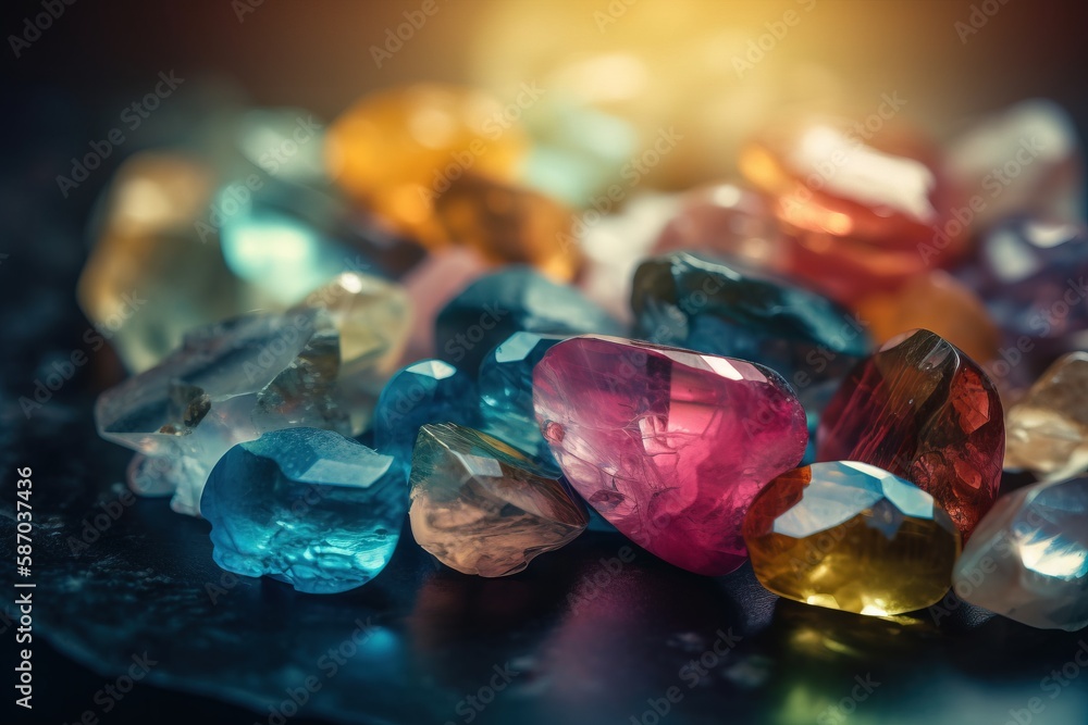 Poster a bunch of different colored stones on a table top with a blurry background of the stones and the co