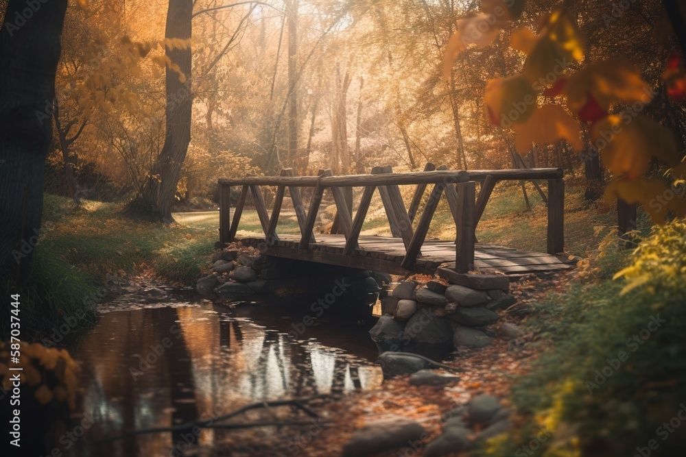 Poster a wooden bridge over a small stream in a forest with rocks and leaves on the ground and a path leadi