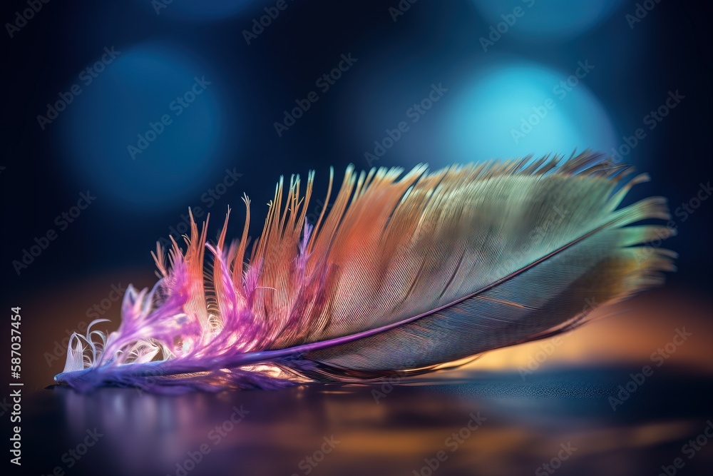 Poster a colorful feather resting on a table with blurry lights in the backgroup of the image in the backgr