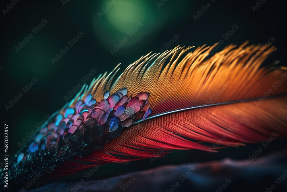 Poster a colorful feather with a black background and a blurry image of the feather's tail and the rest of 
