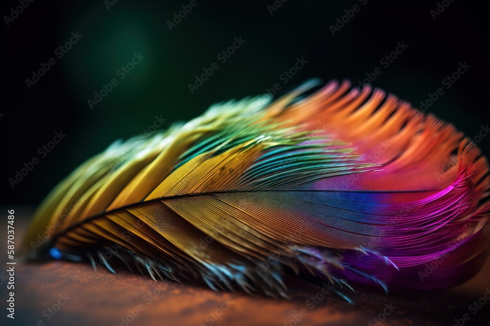 Poster a multicolored feather is laying on a table with a black background and a blurry image of the feathe