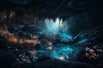 Fototapeta na wymiar a cave filled with lots of water and a bright light coming from the cave entrance into the cave area of the cave is blue and there is a stream running through the cave. generative ai