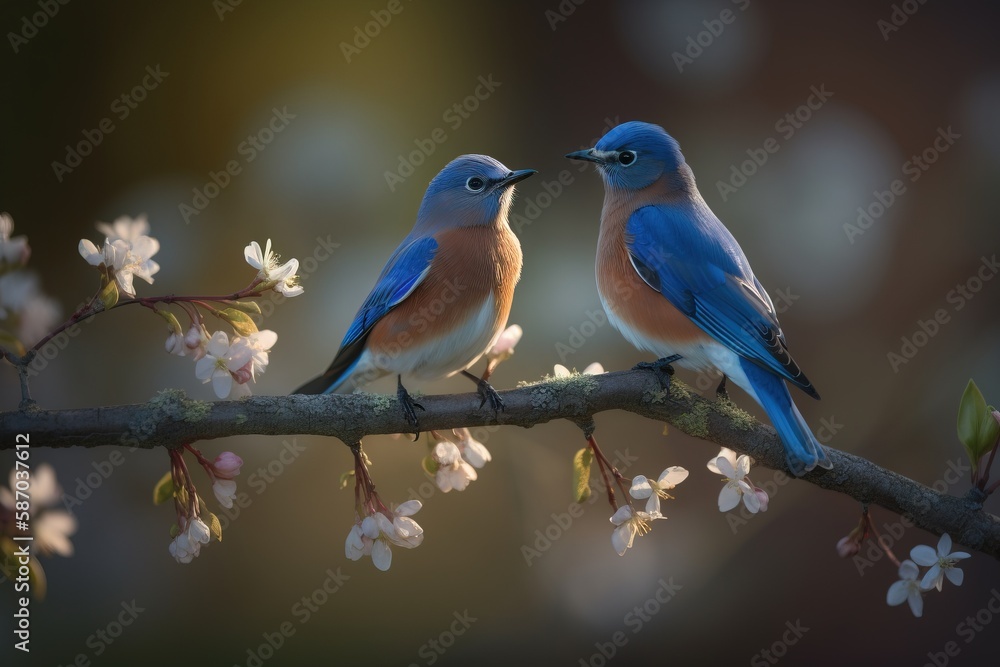 Poster two blue birds sitting on a branch of a tree with white flowers in the foreground and a blurry backg