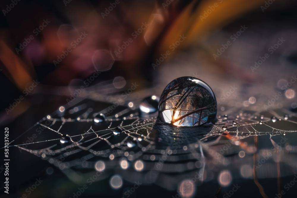 Poster a drop of water sitting on top of a spider web covered in drops of water and a tree in the center of