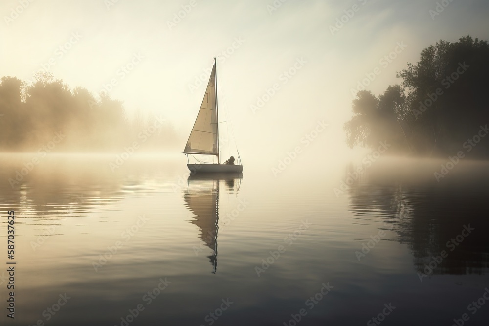 Poster a sailboat floating on a misty lake with trees in the background