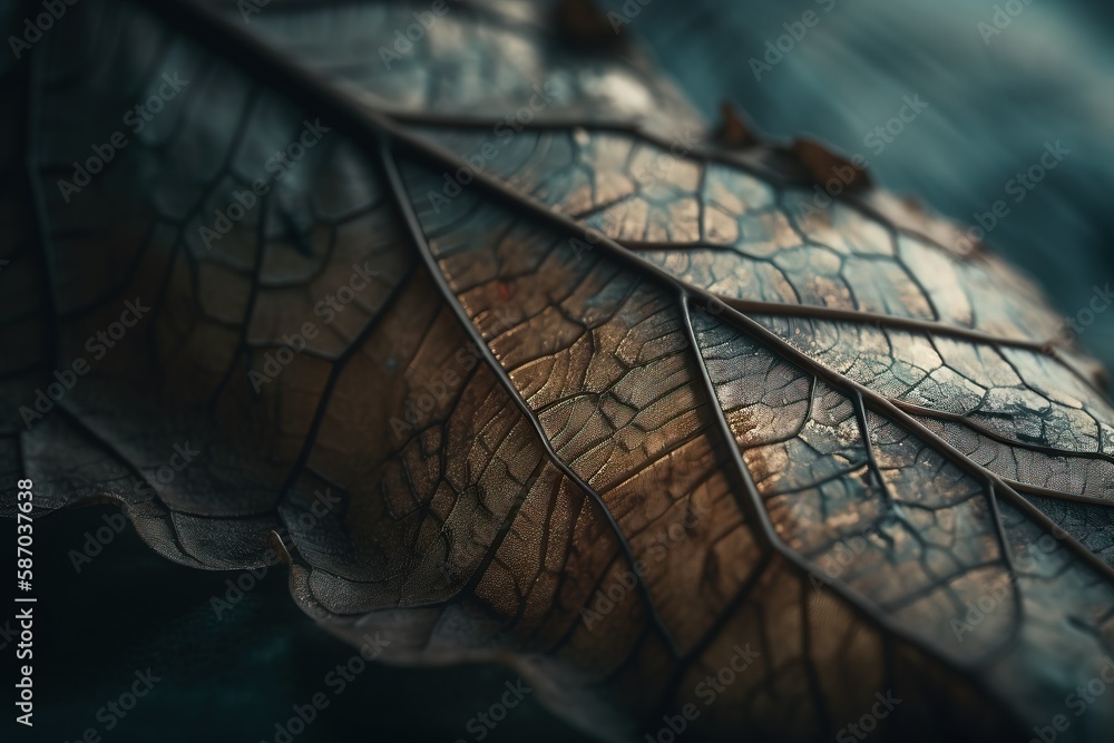 Poster a close up of a leaf with water in the backgroung of it's leaf area and a few leaves on the top of i